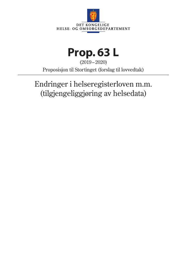 Forsiden av dokumentet Prop. 63 L (2019–2020)