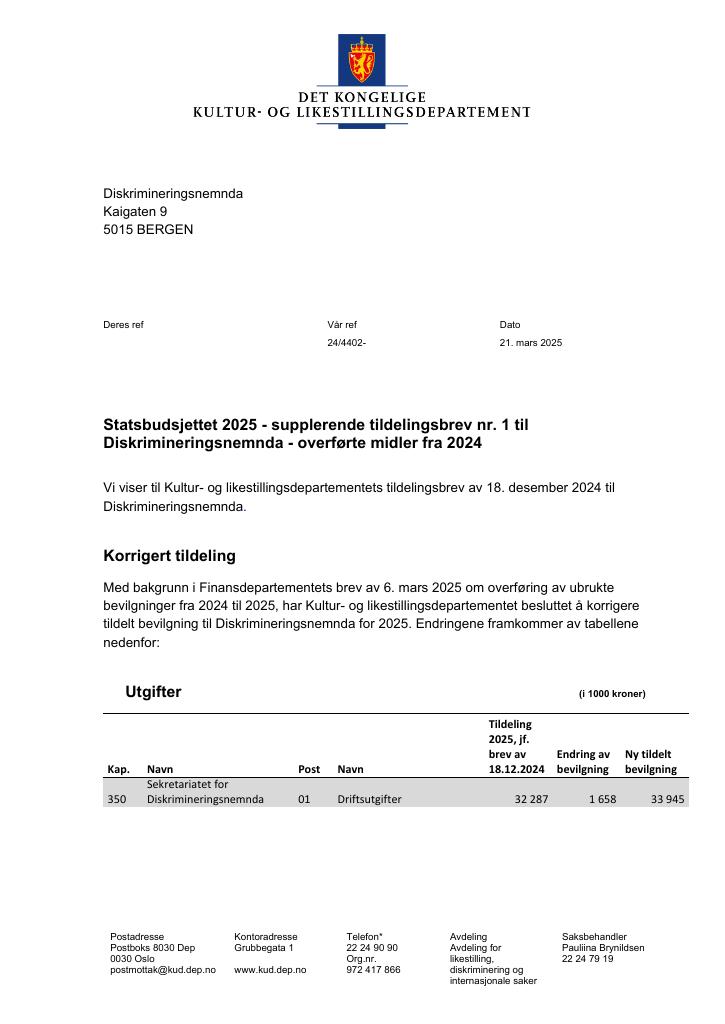 Forsiden av dokumentet Tildelingsbrev Diskrimineringsnemnda 2025 - tillegg nr. 1
