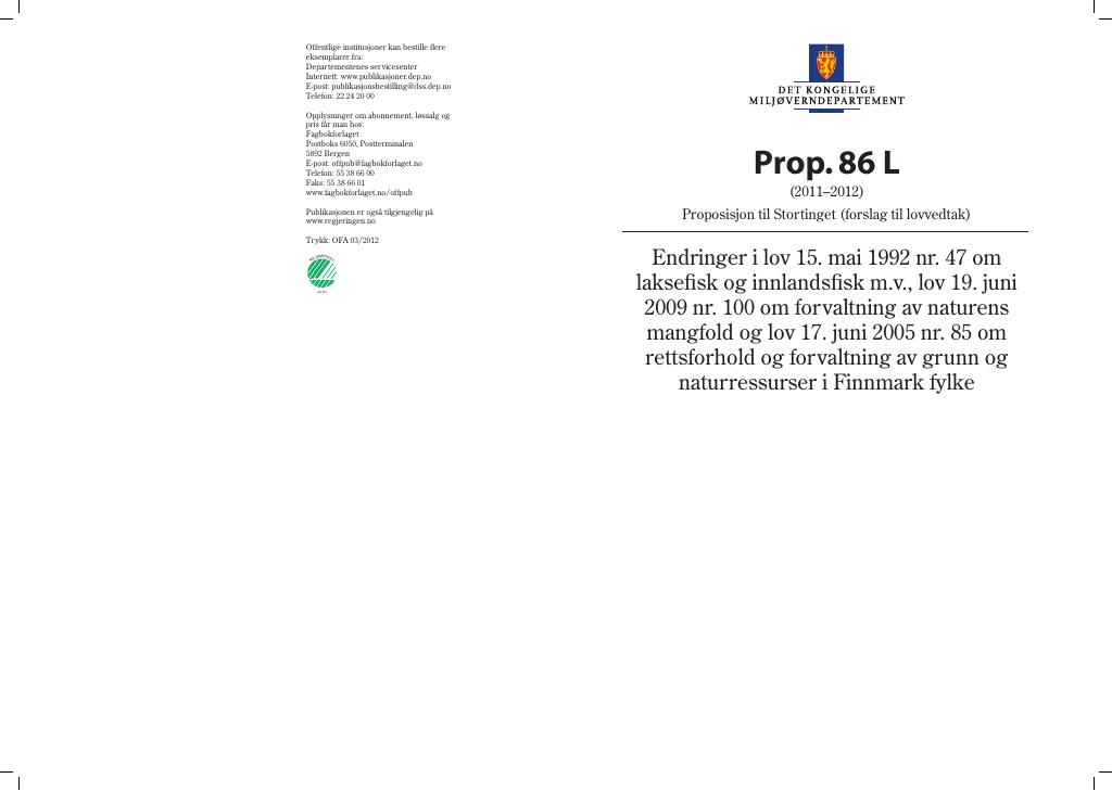 Forsiden av dokumentet Prop. 86 L (2011–2012)