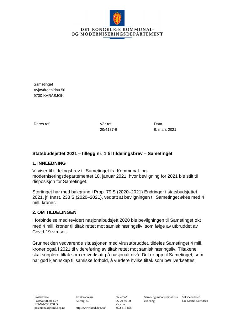 Forsiden av dokumentet Supplerende tildelingsbrev 1.pdf 2021