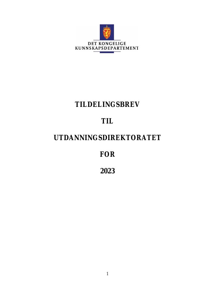 Forsiden av dokumentet Tildelingsbrev Utdanningsdirektoratet 2023