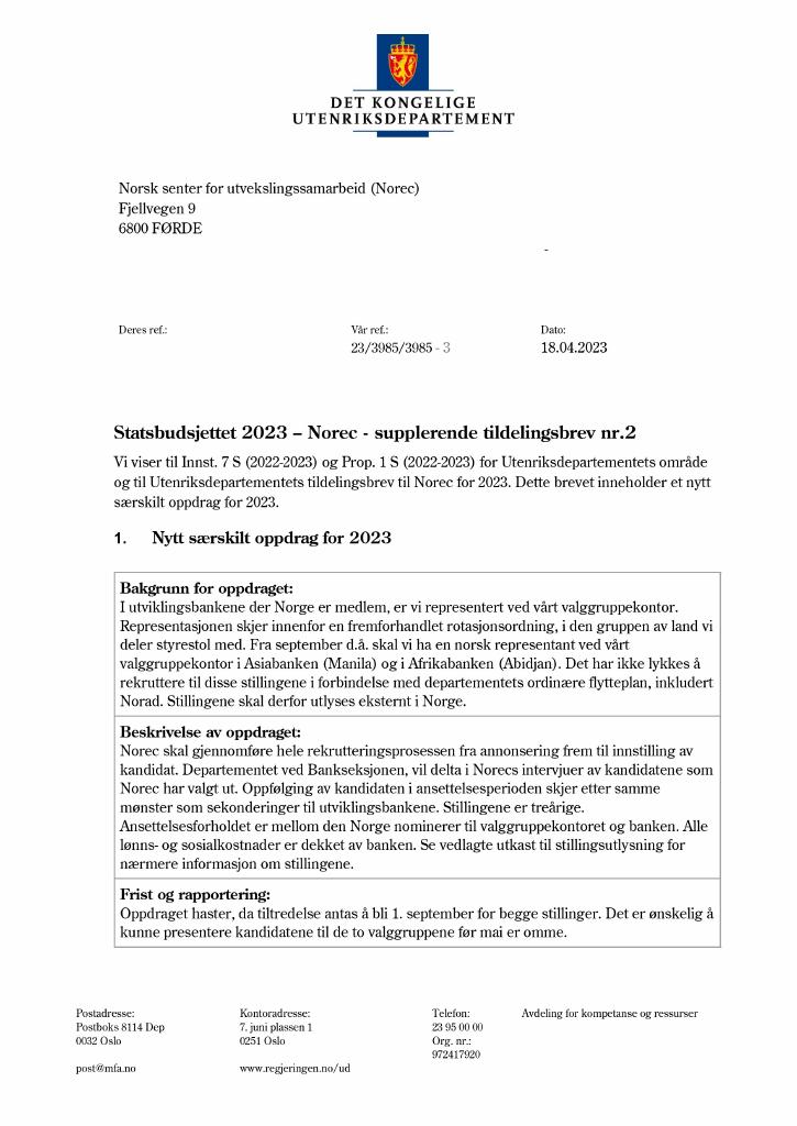 Forsiden av dokumentet Tildelingsbrev Norec 2023 - tillegg nr. 2