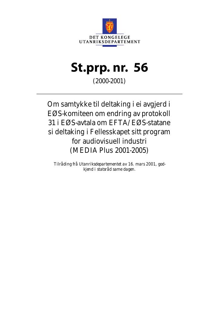 Forsiden av dokumentet St.prp. nr. 56 (2000-2001)