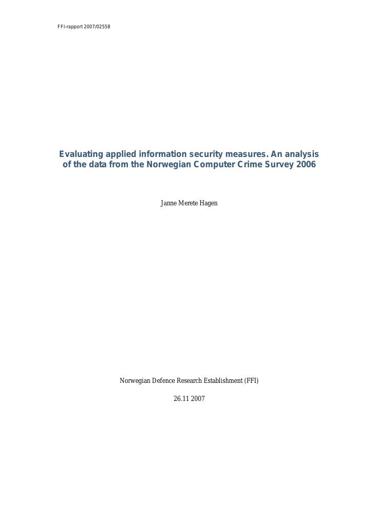 Forsiden av dokumentet Evaluating applied information security measures : an analysis of the data from the Norwegian Computer Crime Survey 2006