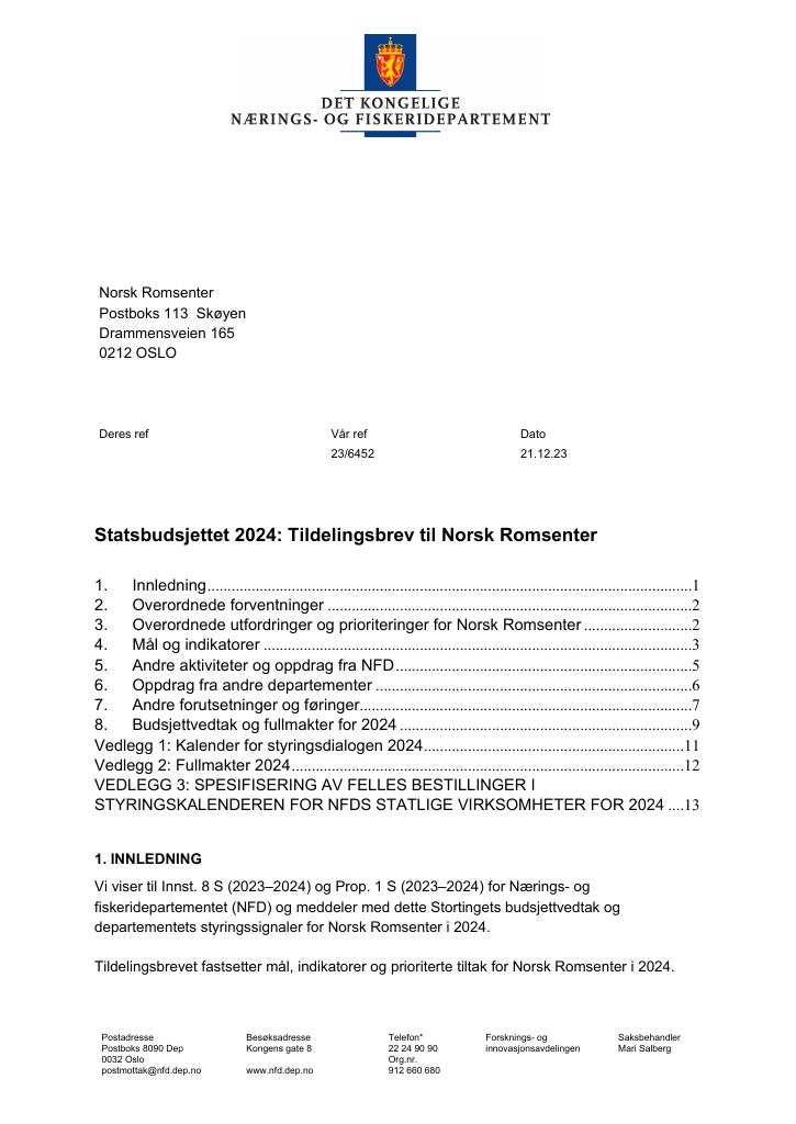 Forsiden av dokumentet Tildelingsbrev Norsk romsenter 2024