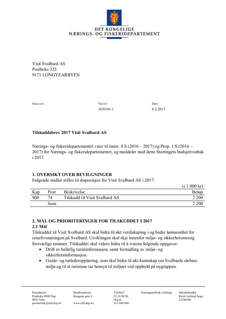 Forsiden av dokumentet Tilskuddsbrev