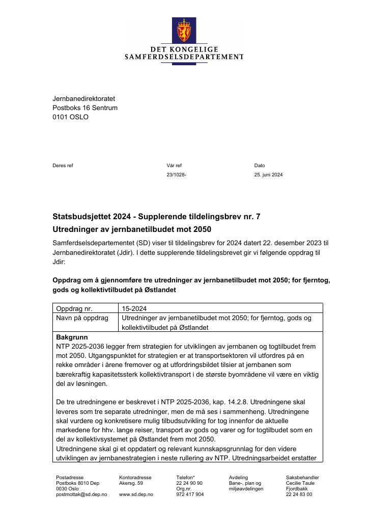 Forsiden av dokumentet Tildelingsbrev Jernbanedirektoratet 2024 - tillegg nr. 7
