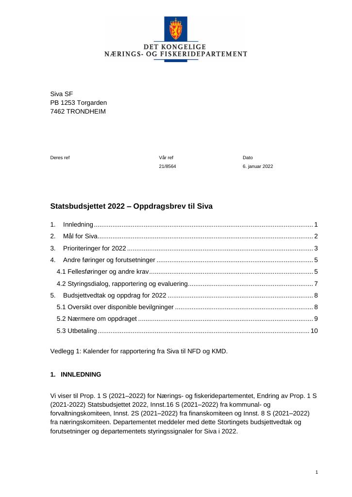 Forsiden av dokumentet Oppdragsbrev Siva 2022