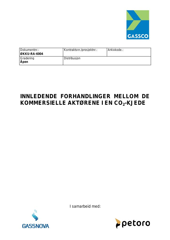 Forsiden av dokumentet Innledende forhandlinger mellom de kommersielle aktørerne i en CO2-kjede