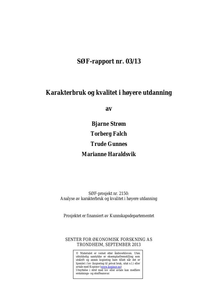 Forsiden av dokumentet Karakterbruk og kvalitet i høyere utdanning