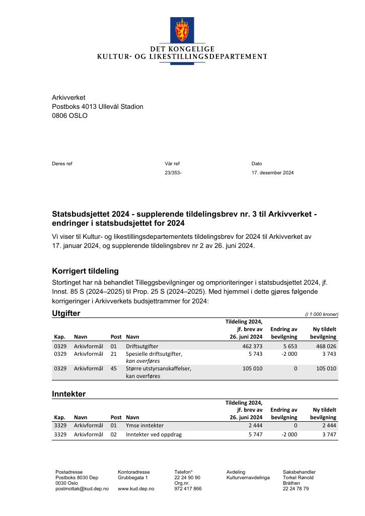 Forsiden av dokumentet Tildelingsbrev Arkivverket 2024 - tillegg nr. 3