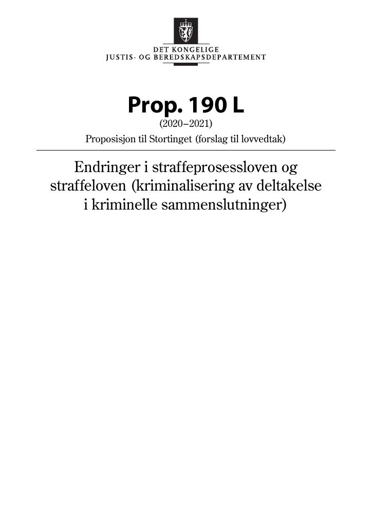 Forsiden av dokumentet Prop. 190 L (2020–2021)