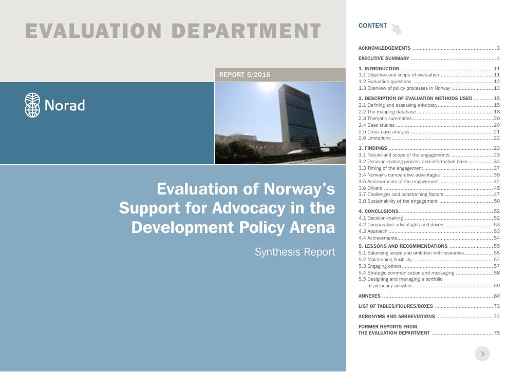 Forsiden av dokumentet Evaluation of Norway’s support for advocacy in the development policy arena