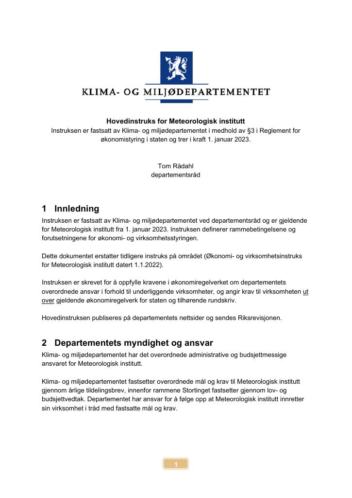 Forsiden av dokumentet Hovedinstruks Meteorologisk institutt 2023