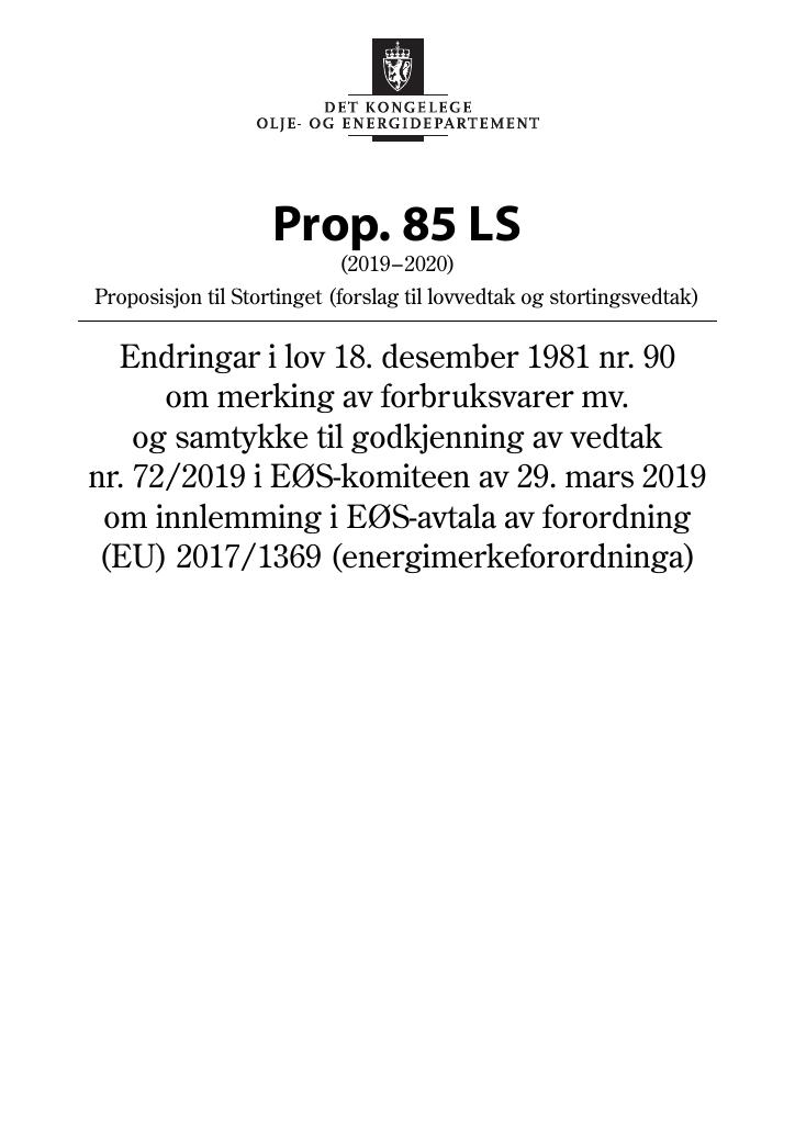 Forsiden av dokumentet Prop. 85 LS (2019–2020)