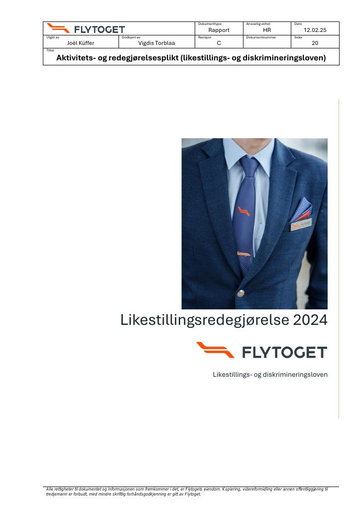 Forsiden av dokumentet Likestillingsredegjørelse Flytoget 2024