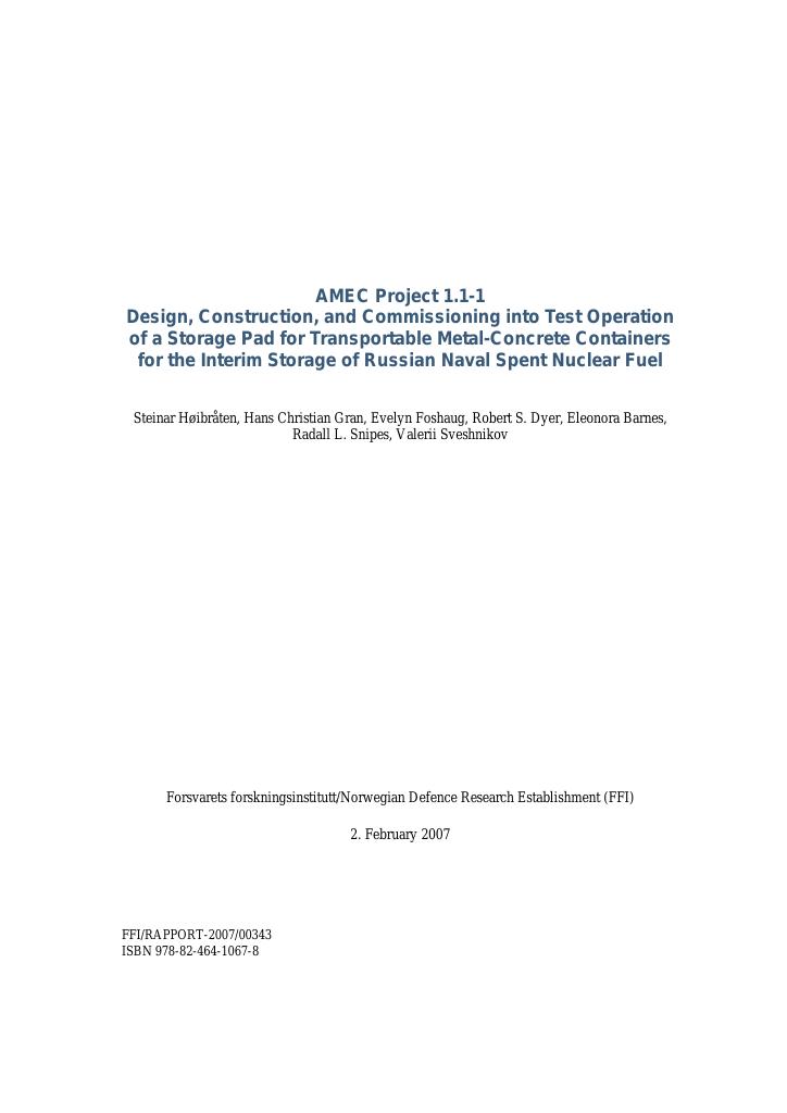 Forsiden av dokumentet AMEC Project 1.1-1: Design, Construction, and Commissioning into Test Operation of a Storage Pad for Transportable Metal-Concrete Containers for the Interim Storage of Russian Naval Spent Nuclear Fuel