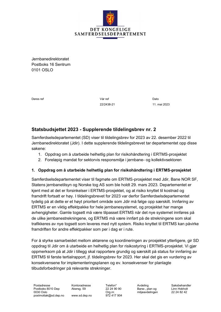 Forsiden av dokumentet Tildelingsbrev Jernbanedirektoratet 2023 - tillegg nr. 2