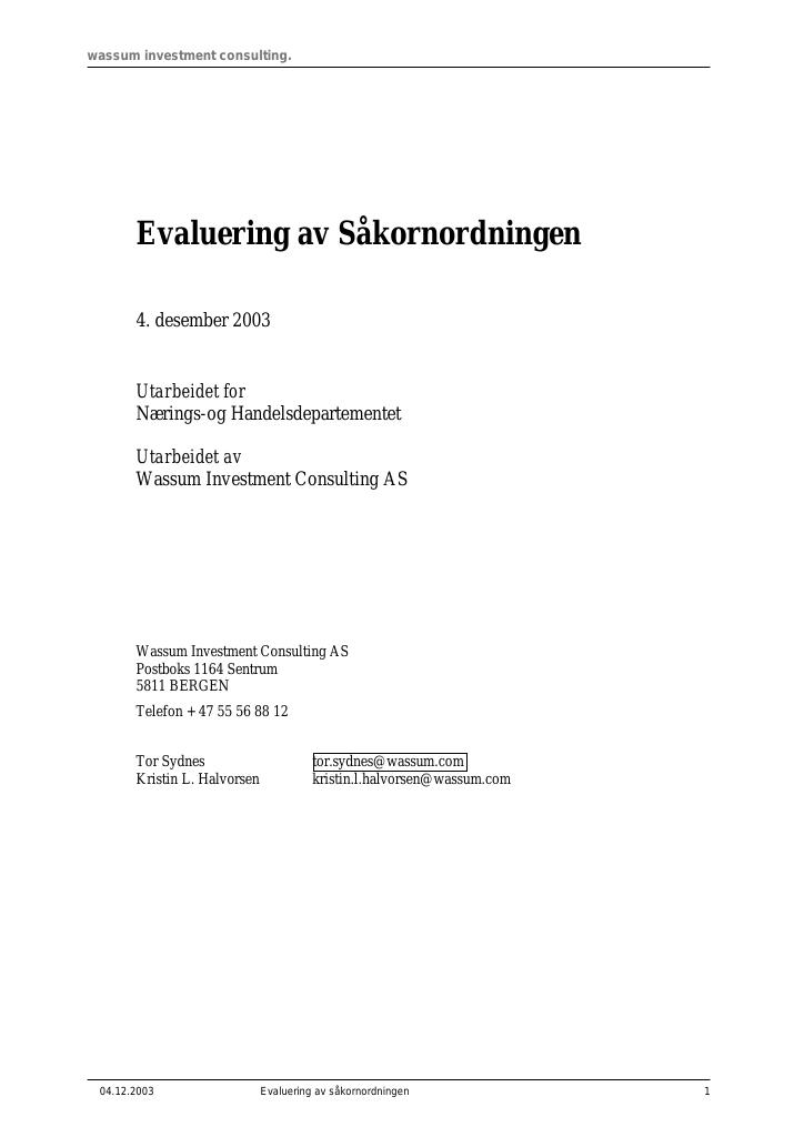 Forsiden av dokumentet Evaluering av såkornordningen - desember 2003 (pdf)