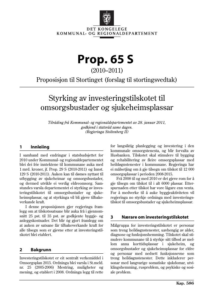 Forsiden av dokumentet Prop. 65 S  (2010–2011)