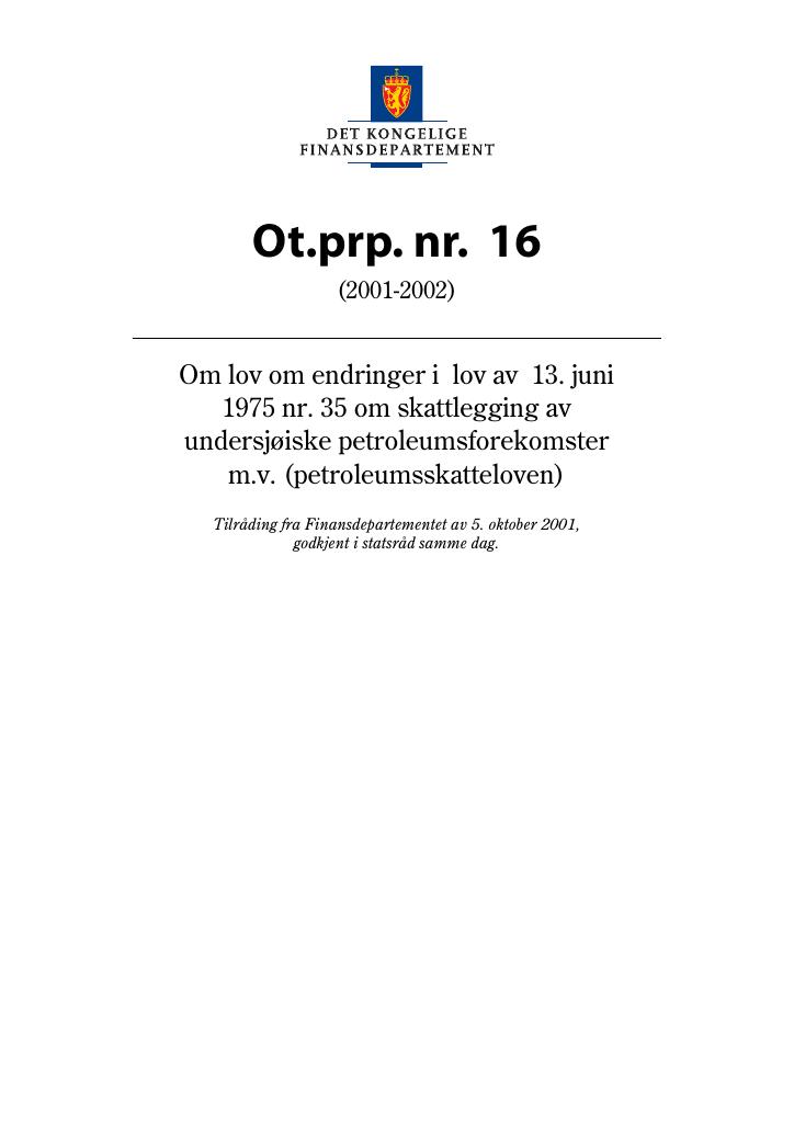 Forsiden av dokumentet Ot.prp. nr. 16 (2001-2002)