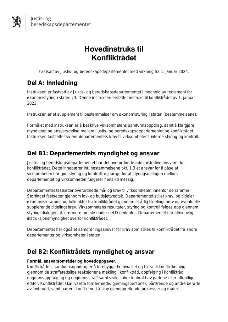 Forsiden av dokumentet Hovedinstruks 2024 for Konfliktrådet