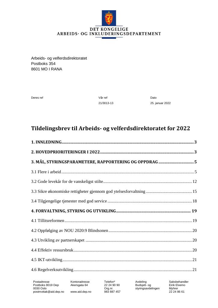 Tildelingsbrev Arbeids- Og Velferdsdirektoratet 2022 - Kudos