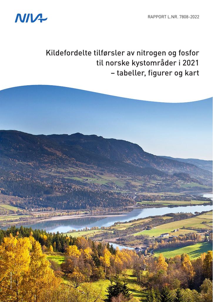 Forsiden av dokumentet Kildefordelte tilførsler av nitrogen og fosfor til norske kystområder i 2021 : tabeller, figurer og kart