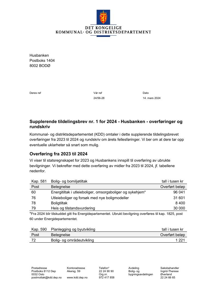 Forsiden av dokumentet Supplerende tildelingsbrev nr. 1 for 2024 (pdf)