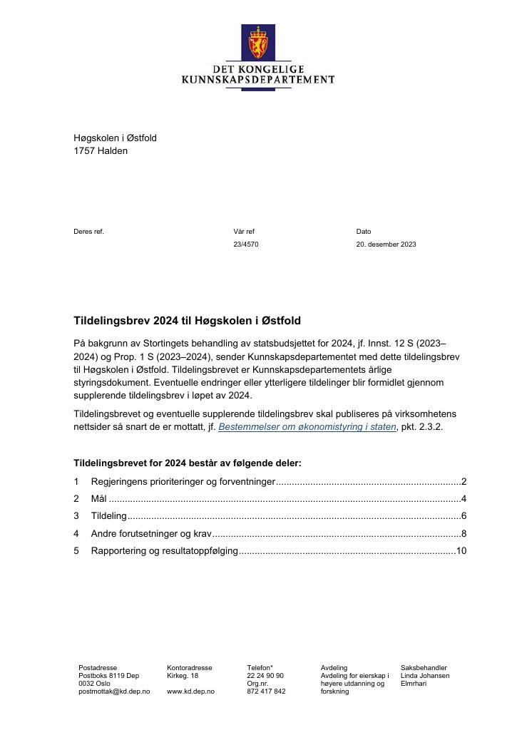 Forsiden av dokumentet Tildelingsbrev Høgskolen i Østfold 2024