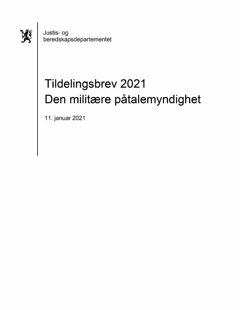 Forsiden av dokumentet Tildelingsbrev Den militære påtalemyndighet 2021