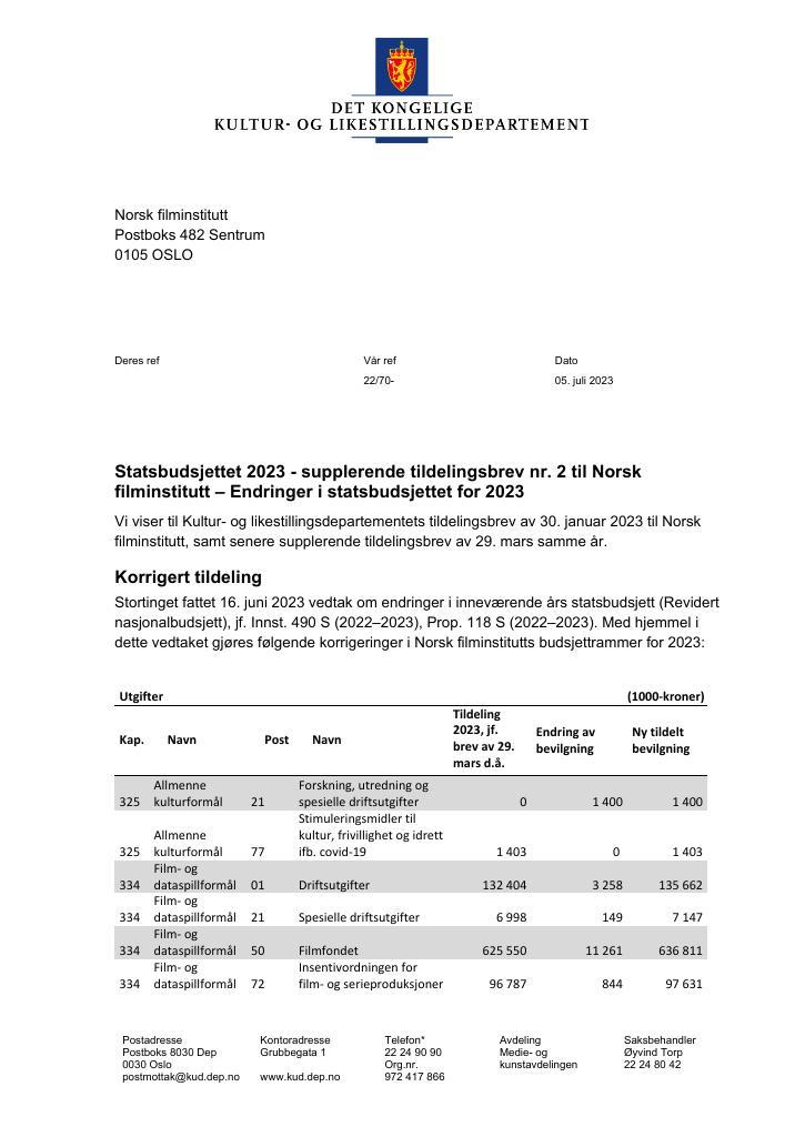 Forsiden av dokumentet Supplerende tildelingsbrev nr. 2 (.pdf) 2023