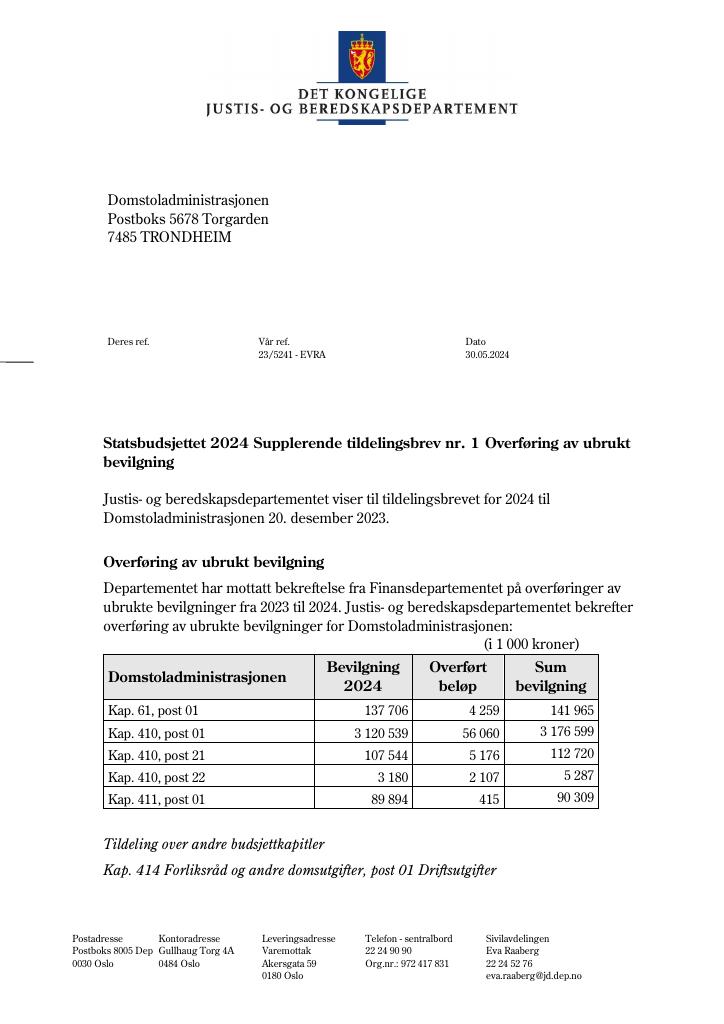 Forsiden av dokumentet Tildelingsbrev Domstoladministrasjonen 2024 - tillegg nr. 1