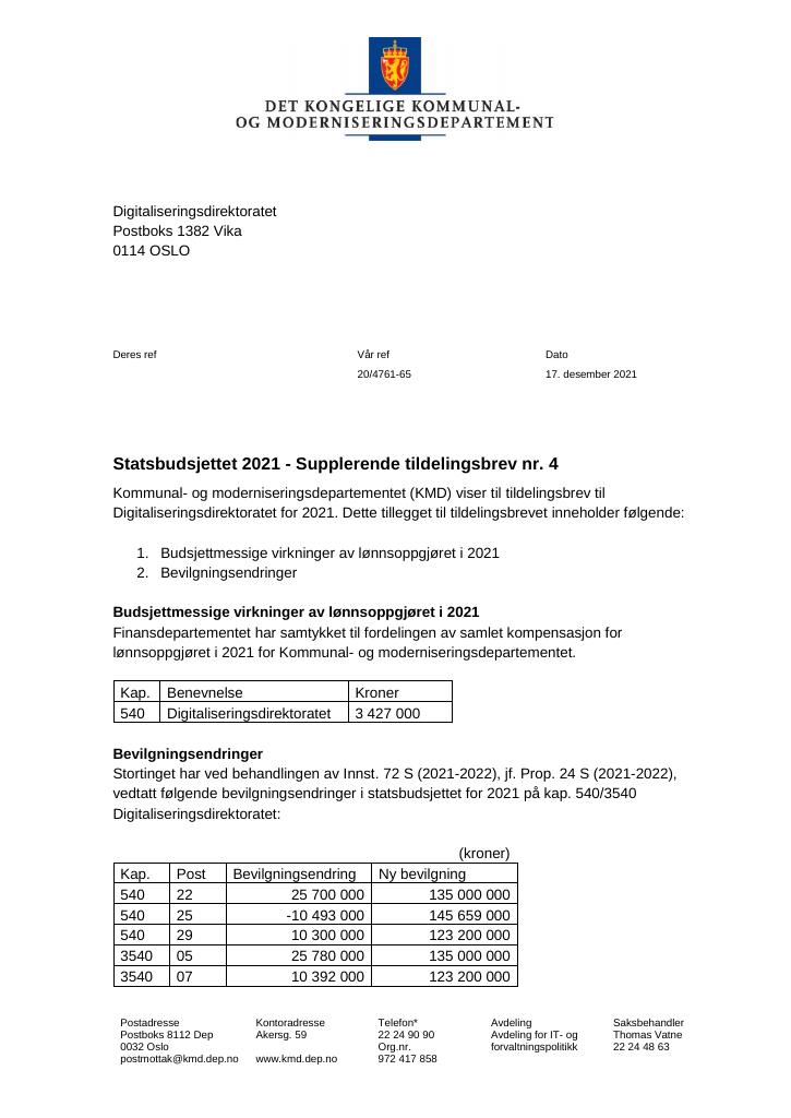 Forsiden av dokumentet Tildelingsbrev Digdir 2021 - tillegg nr. 4