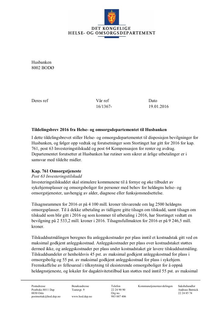 Forsiden av dokumentet Tildelingsbrev 2016 fra Helse- og omsorgsdepartementet til Husbanken