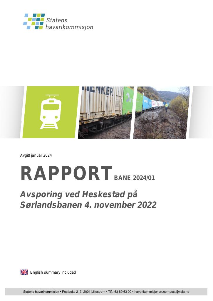 Forsiden av dokumentet Rapport om avsporing ved Heskestad på Sørlandsbanen, 4. november 2022 og vedlegg Tiltak ved ugunstige værsituasjoner - prosedyre