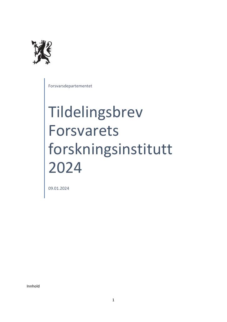 Forsiden av dokumentet Tildelingsbrev FFI 2024