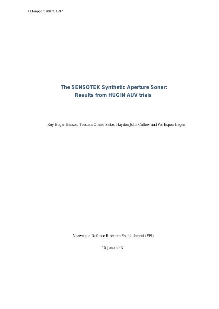 Forsiden av dokumentet The SENSOTEK Synthetic Aperture Sonar : results from HUGIN AUV trials