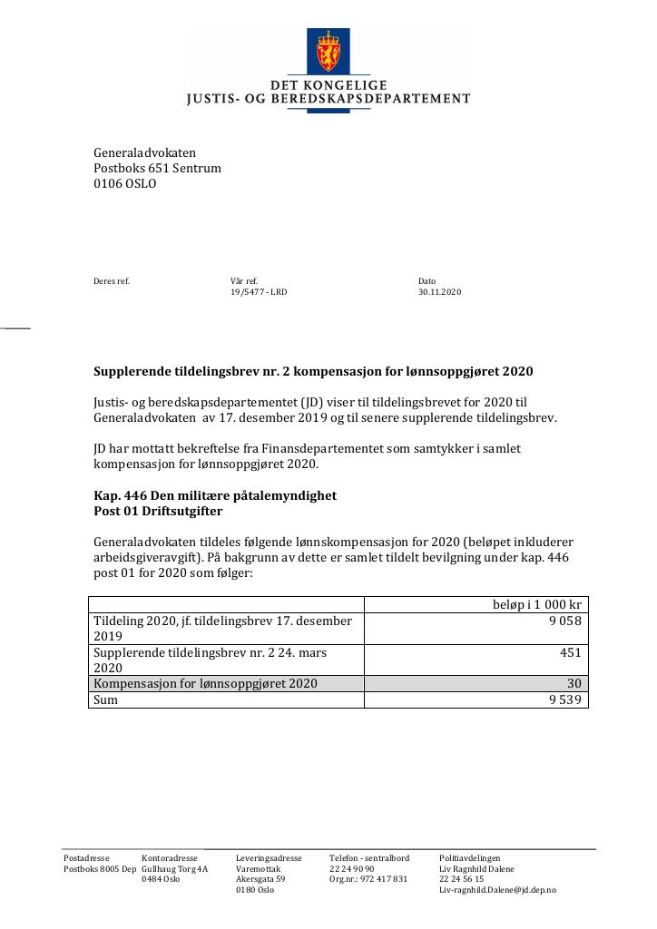 Forsiden av dokumentet Supplerende tildelingsbrev Generaladvokaten 2020 - nr. 2