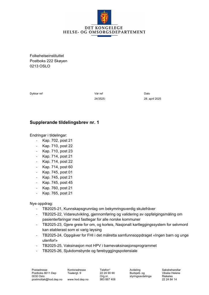 Forsiden av dokumentet Tildelingsbrev Folkehelseinstituttet 2025 - tillegg nr. 1