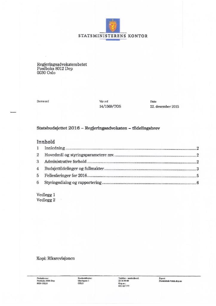 Forsiden av dokumentet Tildelingsbrevet Regjeringsadvokaten 2016