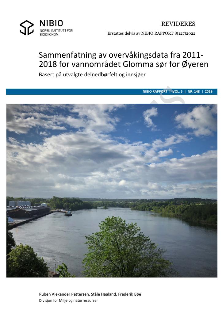 Forsiden av dokumentet Sammenfatning av overvåkingsdata fra 2011-2018 for vannområdet Glomma sør for Øyeren : basert på utvalgte delnedbørfelt og innsjøer