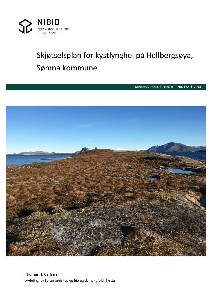 Forsiden av dokumentet Skjøtselsplan for kystlynghei på Hellbergsøya, Sømna kommune.