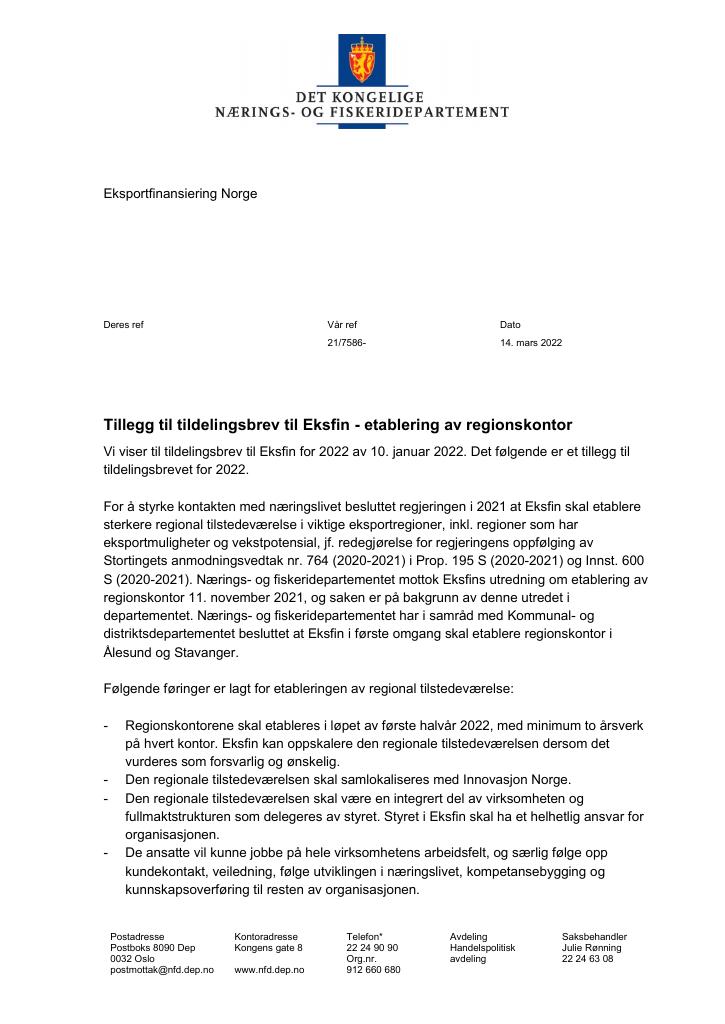 Forsiden av dokumentet Tildelingsbrev Eksfin 2022 - tillegg