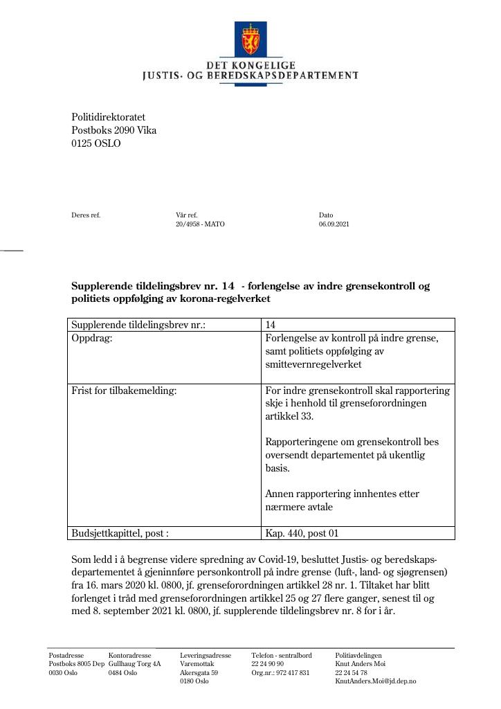 Forsiden av dokumentet Tildelingsbrev Politidirektoratet 2021 - tillegg nr. 14