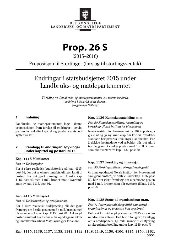 Forsiden av dokumentet Prop. 26 S (2015–2016)