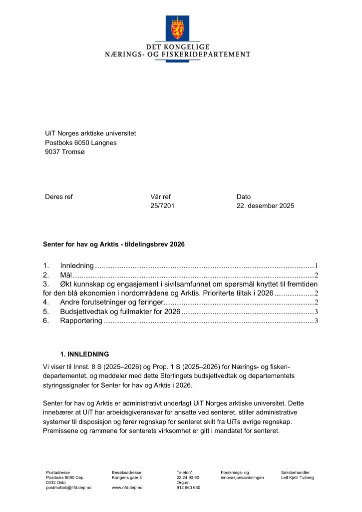 Forsiden av dokumentet Tildelingsbrev Senter for hav og Arktis 2026