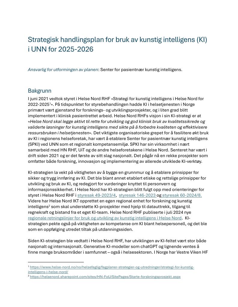 Forsiden av dokumentet Strategisk handlingsplan for bruk av kunstig intelligens (KI) i UNN for 2025-2026