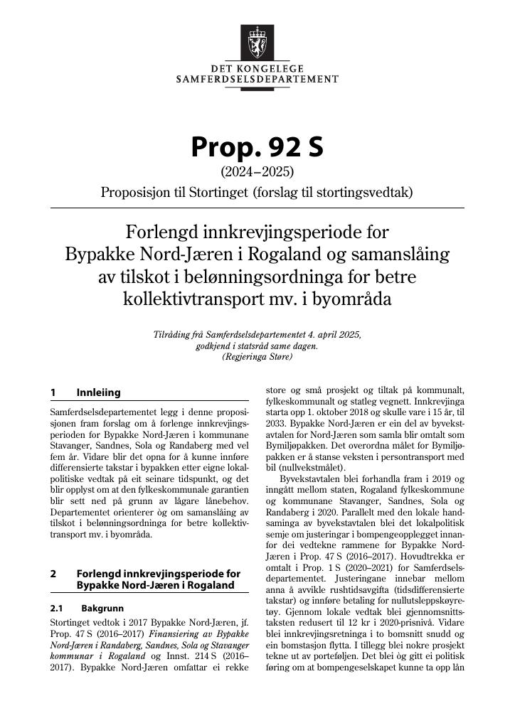Forsiden av dokumentet Prop. 92 S (2024–2025)