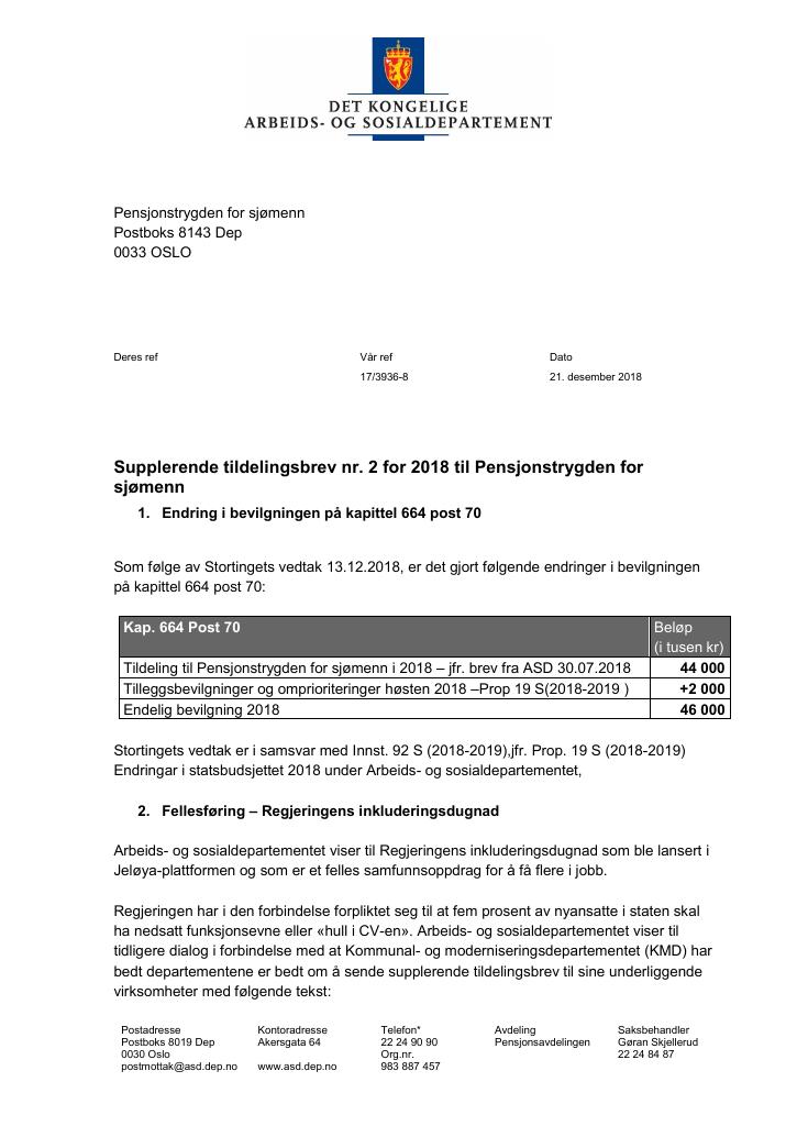 Forsiden av dokumentet Tildelingsbrev Maritim pensjonskasse 2018 - tillegg nr. 2